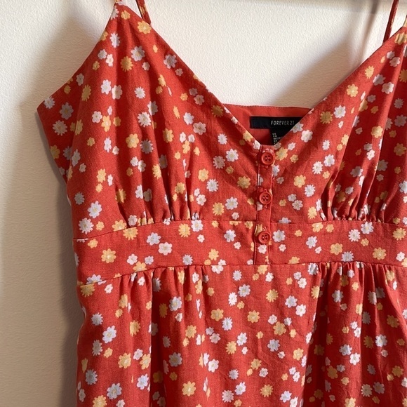 F21 Ditsy Floral Baby Doll Linen Medium Orange Yellow Retro Tank Shift Button - Picture 4 of 13
